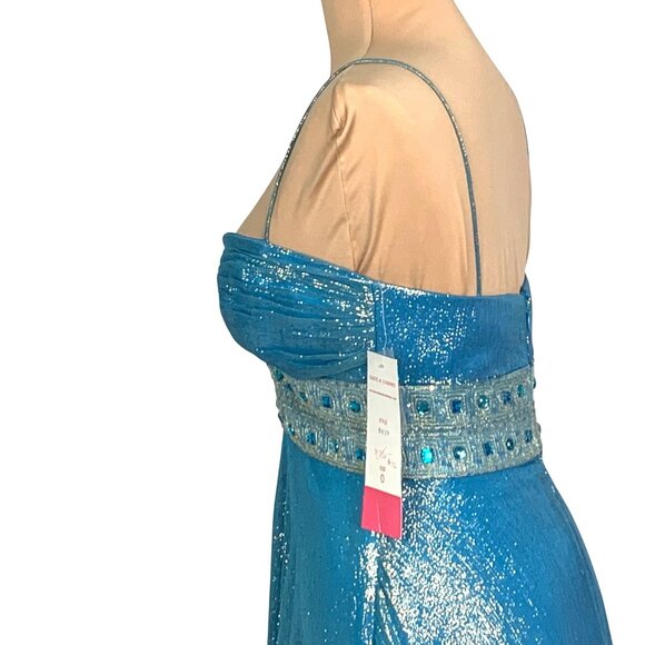 Dazzling Metallic Blue Silk Gown Flowy Prom 0 Hoco Glam Pageant Jeweled Hi-Low - Picture 4 of 11